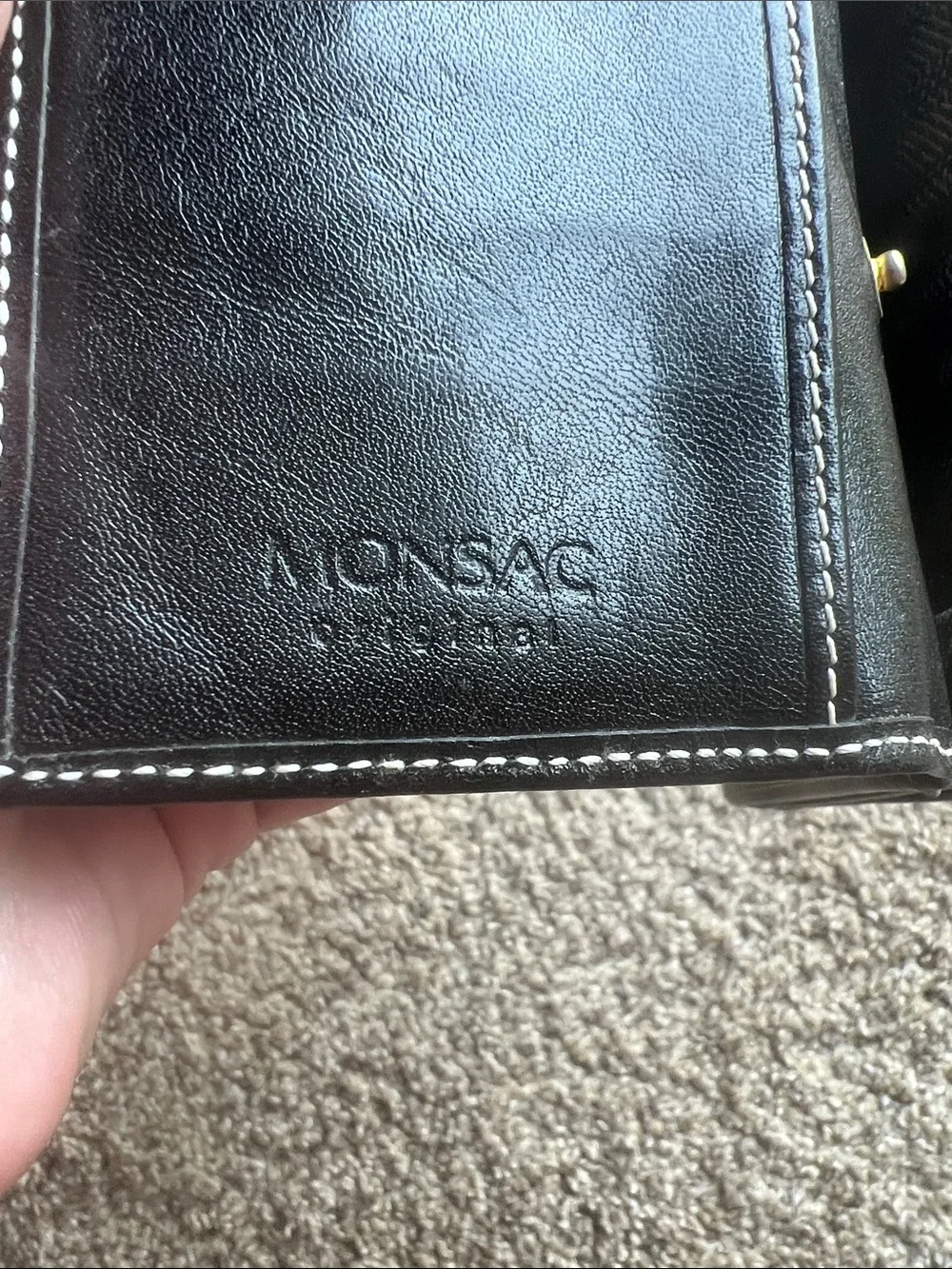 Monsac Black Leather Women's Wallet with White Stitching
